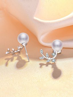 Jewels Galaxy - Silver Plated American Diamond Studded Pearl Leaf Korean Stud Earrings