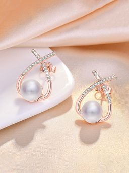 Jewels Galaxy - Rose Gold Plated American Diamond Studded Cross Shape Korean Stud Earrings