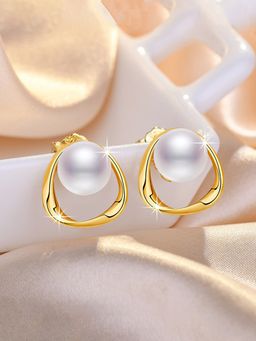 Jewels Galaxy - Gold Plated Triangle Shaped Pearl Korean Stud Earrings