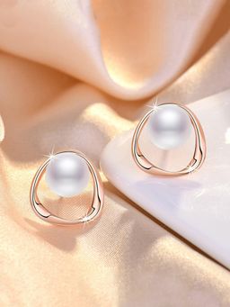 Jewels Galaxy - Rose Gold Plated Triangle Shaped Pearl Korean Stud Earrings