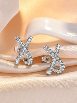 Jewels Galaxy - Silver Plated American Diamond Cross Shape Korean Stud Earrings