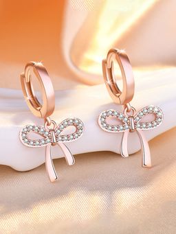 Jewels Galaxy - Rose Gold Plated American Diamond Studded Bow-Tie Shape Korean Hoops Earrings