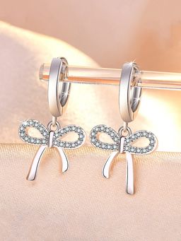 Jewels Galaxy - Silver Plated American Diamond Studded Bow-Tie Shape Korean Hoops Earrings