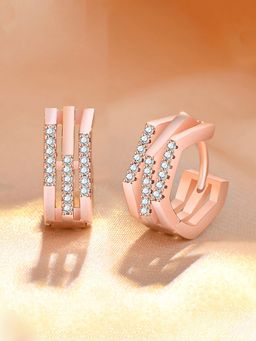 Jewels Galaxy - Rose Gold Plated American Diamond Studded Geometric Korean Hoop Earrings