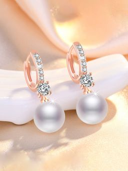 Jewels Galaxy - Rose Gold Plated American Diamond Studded Pearl Korean Hoops Earrings