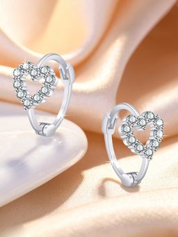 Jewels Galaxy - Silver Plated American Diamond Studded Heart Shape Hoop Earrings