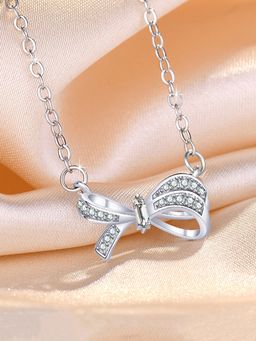 Jewels Galaxy - Silver Plated American Diamond Studded Bow Like Korean Pendant