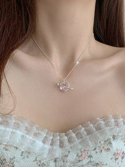 Jewels Galaxy - Silver Plated American Diamond Studded Pink Heart Themed Pendant