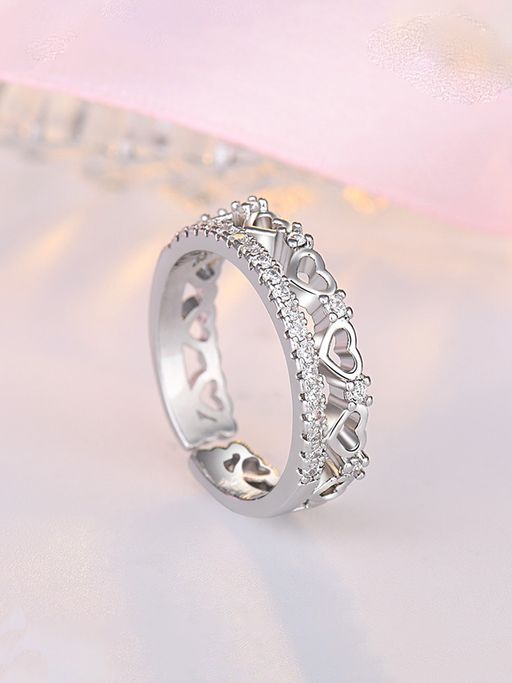 Jewels Galaxy Silver Plated American Diamond Studded Hearts Finger Ring
