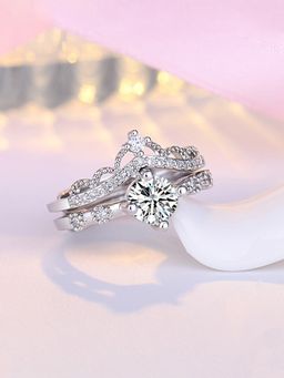 Jewels Galaxy - Silver Plated American Diamond Studded Crown Shape Korean Finger Ring (Pack of 2)
