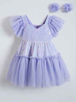 Hopscotch - Lavender Sequin Dress with Bow & Hair clips