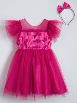 Hopscotch - Pink Floral Applique Dress with Headband
