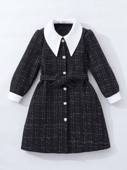 Hopscotch - Black Checkered Pearl Button Overcoat with Belt