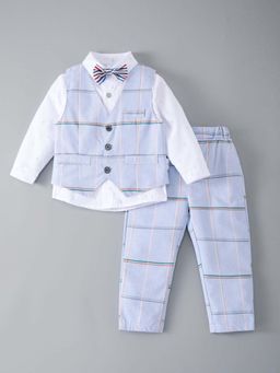 Hopscotch - Boys Blue Checks Shirt Pant with Waistcoat & Bow