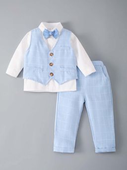 Hopscotch - Blue Checks Shirt Pant with Waistcoat & Bow