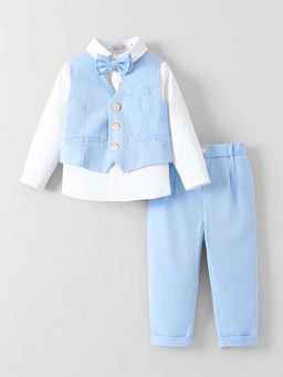 Hopscotch - Blue Solid Shirt Pant with Waistcoat & Bow