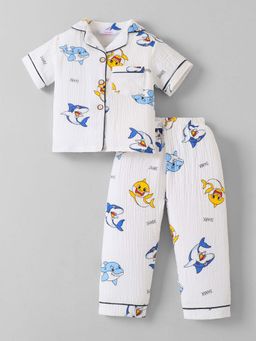 Hopscotch - White Printed Shirt with Pyjama