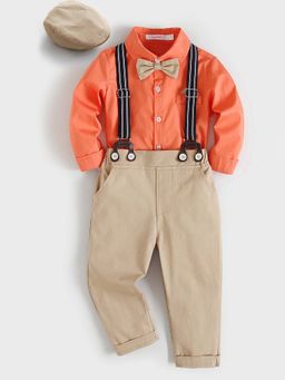 Hopscotch - Orange Cotton Shirt Pant With Supspendor Hat & Bow
