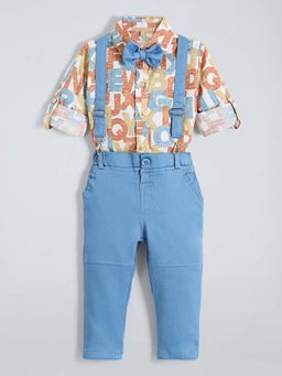 Hopscotch - Blue Cotton Shirt Pant with Bow & Suspendor