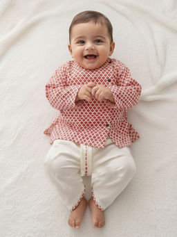 Polka Tots - Geometric Printed Full Sleeves Angrakha Kurta with Dhoti-Red (Set of 2)