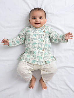 Polka Tots - Boys Elephant Print Angarkha Kurta & Dhoti - Green & Cream (Set of 2)