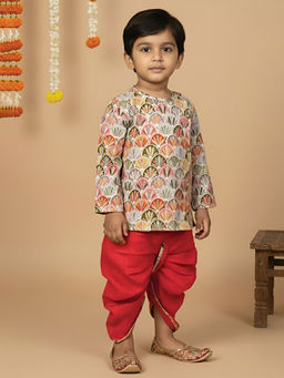 Polka Tots - Full Sleeves Floral Print Angrakha Kurta with Dhoti (Set of 2)