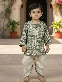 Polka Tots - Geometric Print Angrakha Kurta With Dhoti Cream and Grey (Set of 2)