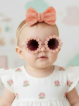 Polka Tots - Eyelet Bow Headband and Floral Sunglass Set Of 2 - White (2-4 Years)