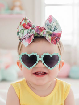 Polka Tots - Floral Print Bow Headband & Sunglass Set Of 2 - Aqua (2-4 Years)