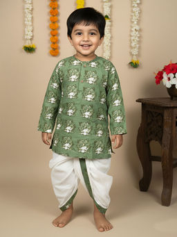Polka Tots - Green Printed Cotton Full Sleeve Kurta with Dhoti