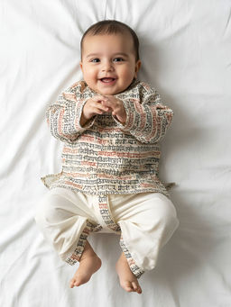 Polka Tots - Cream Printed Cotton Full Sleeve Kurta with Dhoti