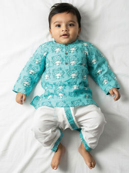 Polka Tots - Sky Blue Printed Cotton Full Sleeve Kurta with Dhoti