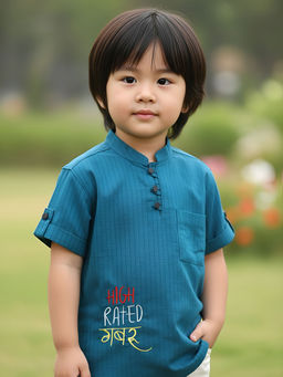 Polka Tots - Teal Cotton Half Sleeve Festive Wear Kurta