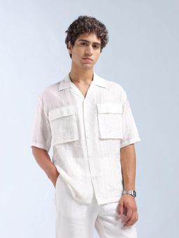 Flying Machine - White Vertical Striped Self Design Oversized Fit Shirt