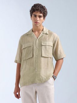 Flying Machine - Olive Vertical Striped Self Design Oversized Fit Shirt