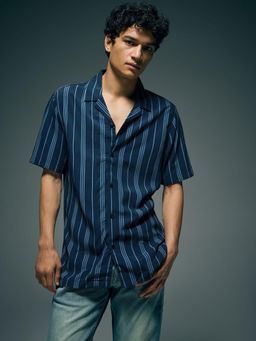 Flying Machine - Blue Vertical Striped Original Cuban Shirt