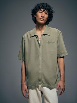 Flying Machine - Green Oversized Fit Pure Cotton Zipper Shirt