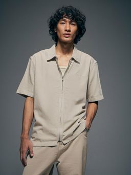 Flying Machine - Beige Oversized Fit Pure Cotton Zipper Shirt