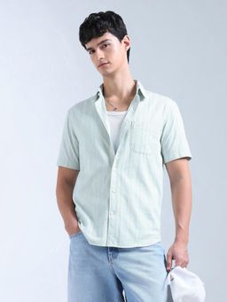 Flying Machine - Green Self Design Vertical Striped Original Shirt