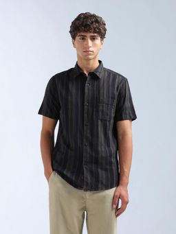 Flying Machine - Black Dobby Vertical Striped Shirt