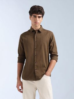 Flying Machine - Brown Textured Vertical Striped Slim Fit Shirt