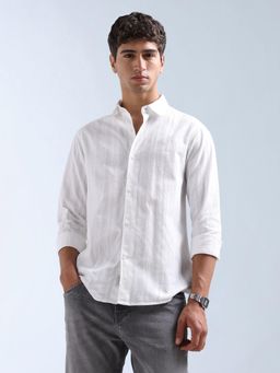 Flying Machine - White Self Design Vertical Striped Original Shirt