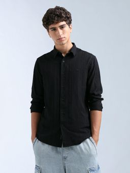 Flying Machine - Black Textured Vertical Striped Slim Fit Shirt