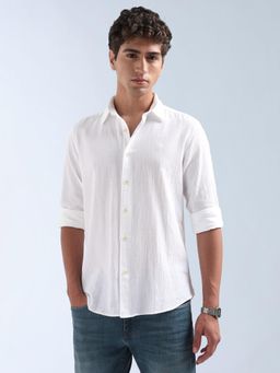 Flying Machine - White Slim Fit Textured Shirt