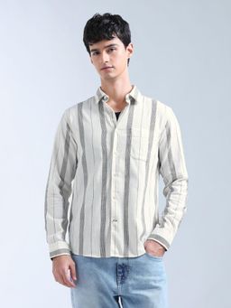 Flying Machine - White Vertical Striped Dobby Original Shirt