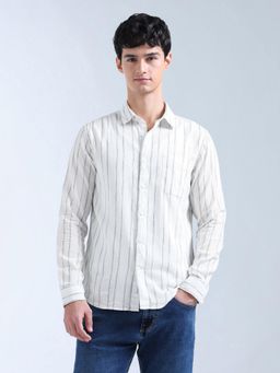 Flying Machine - White Vertical Striped Dobby Original Shirt