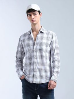 Flying Machine - White Pure Cotton Plaid Checked Original Shirt