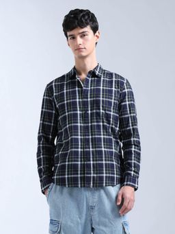 Flying Machine - Navy Blue Twill Plaid Checked Shirt
