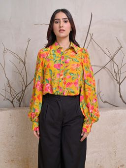PEPPINOS - Mustard Floral Print Button-Down Shirt
