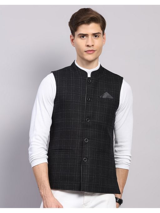 Monte Carlo Men Regular Fit Checked Black Reversible Nehru Jacket